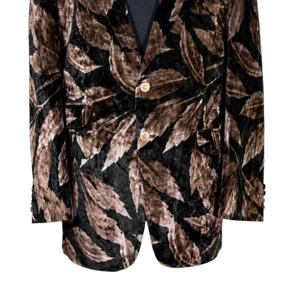 Mens Blazer Brown Black Floral Velvet Luxury Dress Formal Jacket Sport Coat 42R